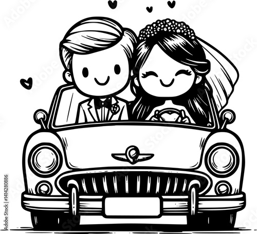 Just married wedding car with floral decorations, bride and groom driving away illustration, romantic getaway vehicle vector, vintage wedding car clipart, newlyweds in love