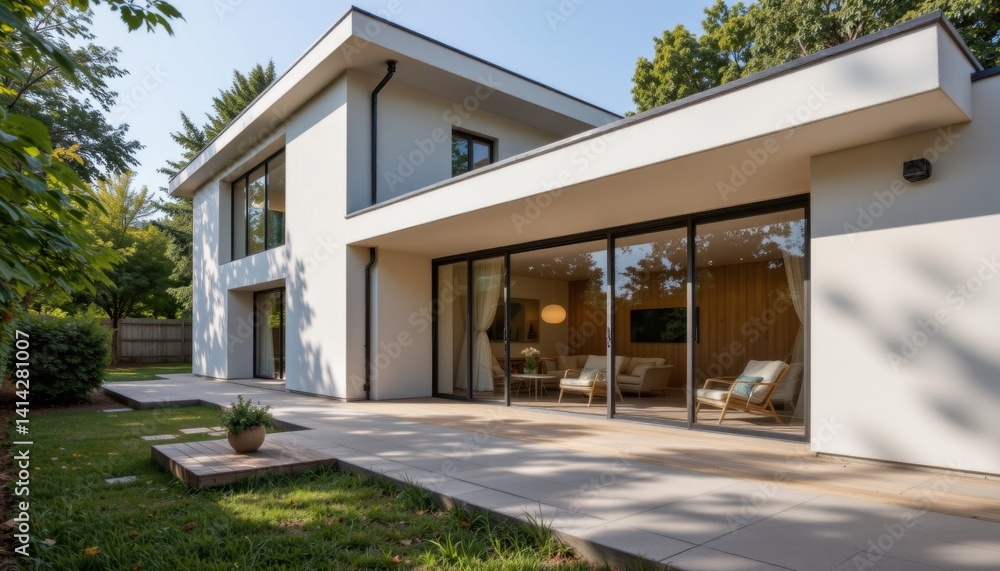 Fototapeta premium Modern architectural home design with open spaces suburban area photography bright and inviting environment exterior view