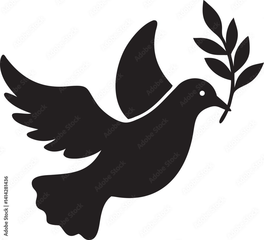 Fototapeta premium Dove with Olive Branch Silhouette Peace, icon, vector