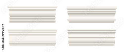Trim molding, interior moulding cornice and wall skirting baseboard, realistic vector set. White plaster or marble trim mouldings, wall skirting and house ledge moldings for ceiling border panels