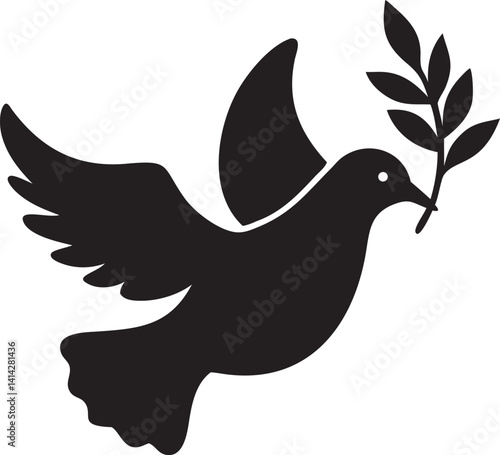 Dove with Olive Branch Silhouette Peace, icon, vector