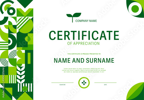 Environment ecology certificate template with green nature geometric shapes, vector diploma award. Appreciation certificate template for green technology or eco environment in modern geometric shapes