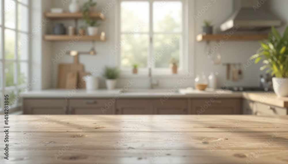 Wooden tabletop with blurred modern kitchen background, ideal for product mockup, food presentation, or advertising template. Wooden tabletop with blurred modern kitchen background, ideal for product mockup, food presentation, or advertising template.