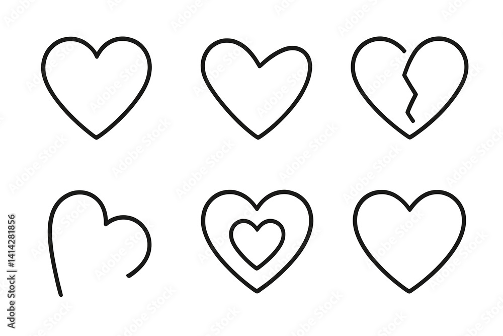 Minimalistic black line hearts, including broken and double symbolizing love sorrow Minimalistic black line hearts, including broken and double symbolizing love sorrow