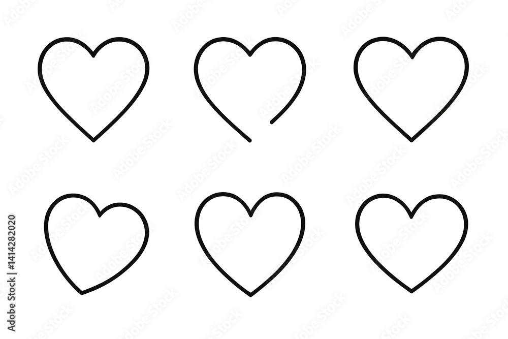 Six black outline hearts arranged in two rows, symbolizing love and affection Six black outline hearts arranged in two rows, symbolizing love and affection