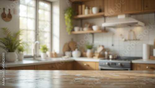 Wooden tabletop with blurred modern kitchen background, ideal for product mockup, food presentation, or advertising template.