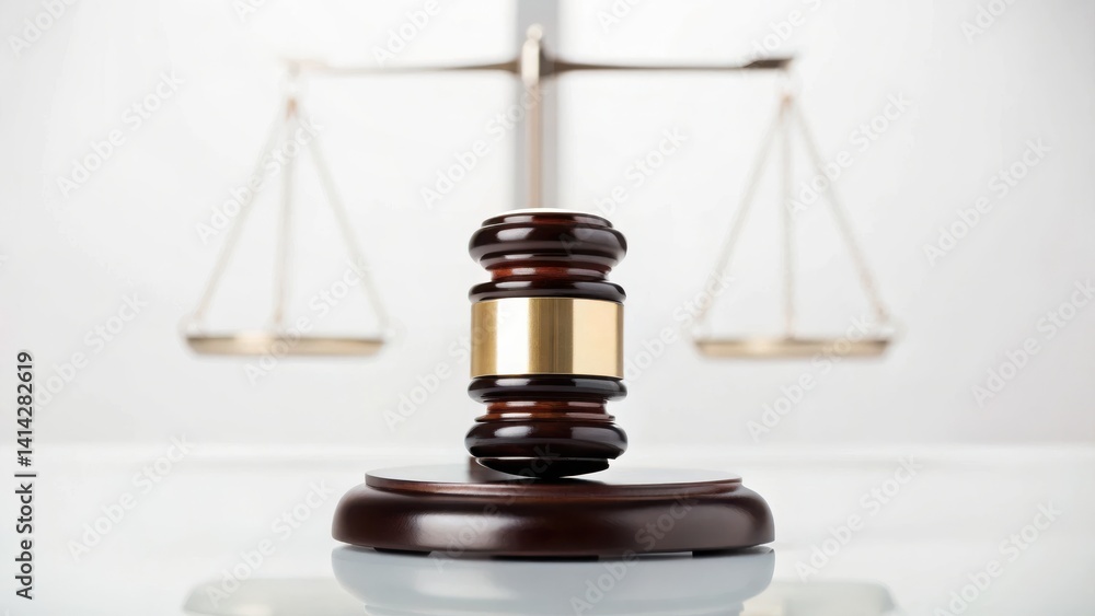 A gavel rests on a reflective surface, with scales of justice in the background, symbolizing law and order. A gavel rests on a reflective surface, with scales of justice in the background, symbolizing law and order.