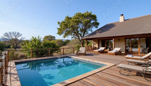 Relaxing poolside retreat exotic villa photography tropical environment wide angle tranquility and luxury