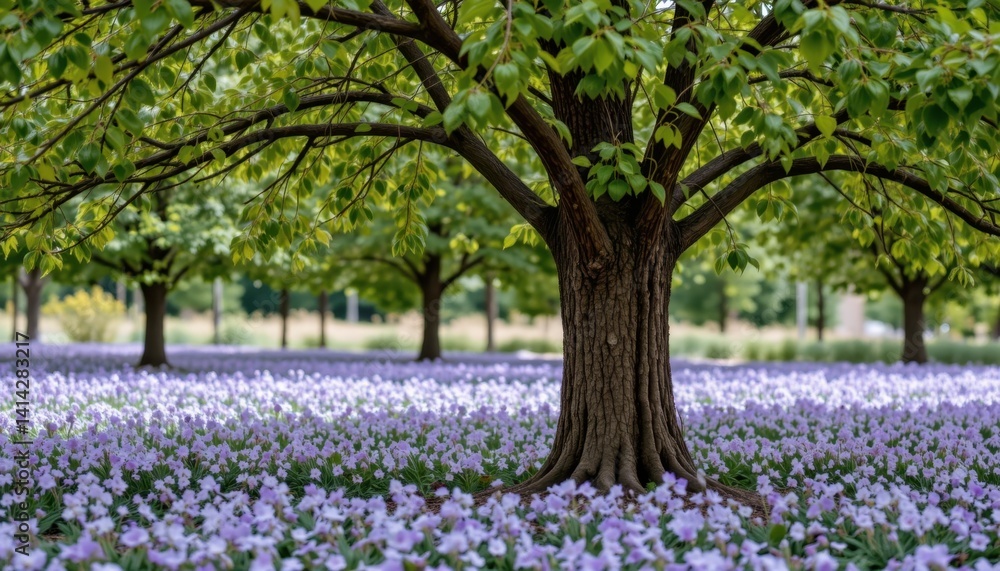 Blossoming trees amidst lavender fields nature's beauty springtime serenity outdoor landscape close-up view tranquil scene Blossoming trees amidst lavender fields nature's beauty springtime serenity outdoor landscape close-up view tranquil scene