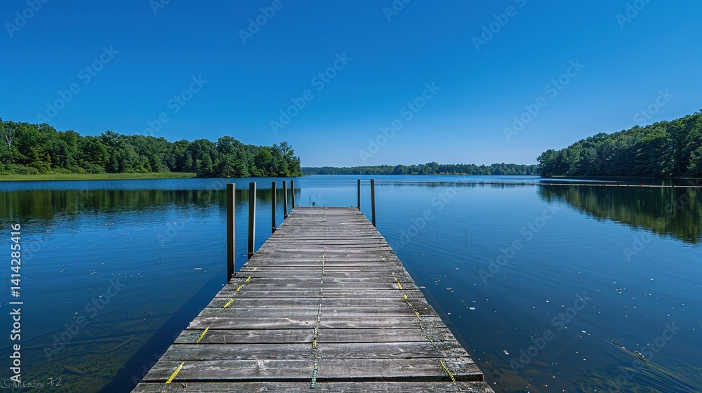 Naklejka premium Blue Serenity with Dock Extension, Embracing the Peaceful Calm of Open Waters and Coastal Horizons