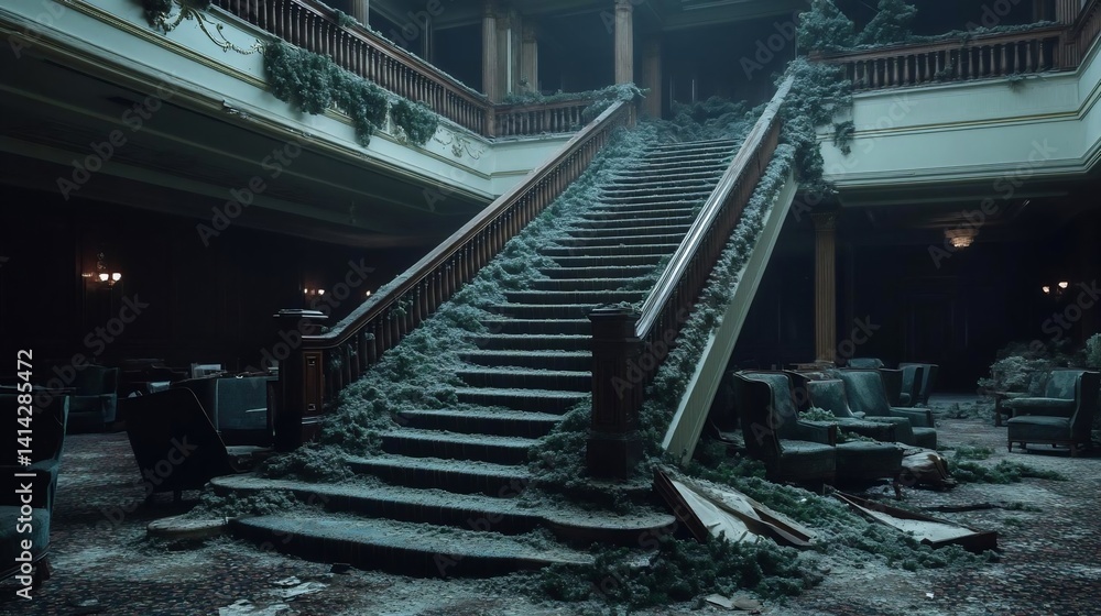 Interior view of a grand staircase overgrown with vegetation in a dark, abandoned building. Brown wood and green plants contrast against a dim, shadowed background Interior view of a grand staircase overgrown with vegetation in a dark, abandoned building. Brown wood and green plants contrast against a dim, shadowed background