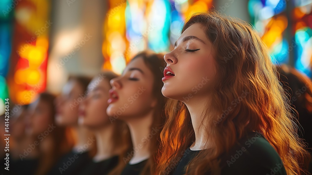 Red-haired woman with winged eyeliner stands with closed eyes among others in warm stained light Red-haired woman with winged eyeliner stands with closed eyes among others in warm stained light