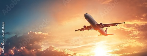 Passenger Airplane Flying at Sunset with Bokeh Sky Background, Panoramic Banner for Air Travel Concept and Web Design with Copy Space