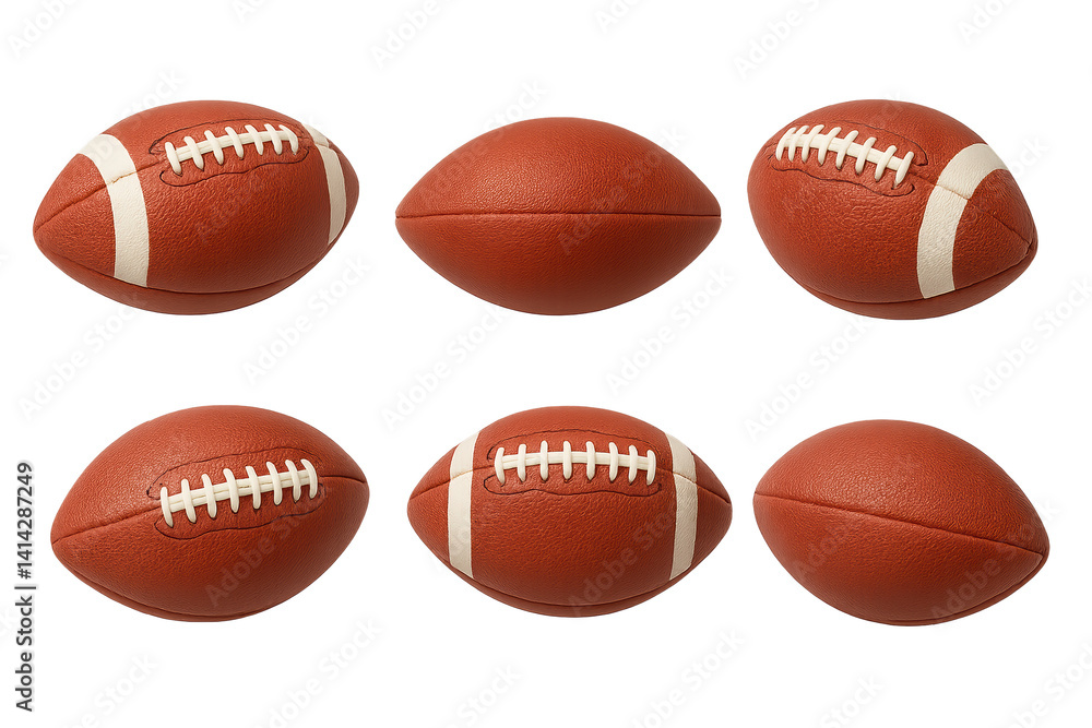Six American footballs arranged in rows, showcasing different stitching patterns Six American footballs arranged in rows, showcasing different stitching patterns