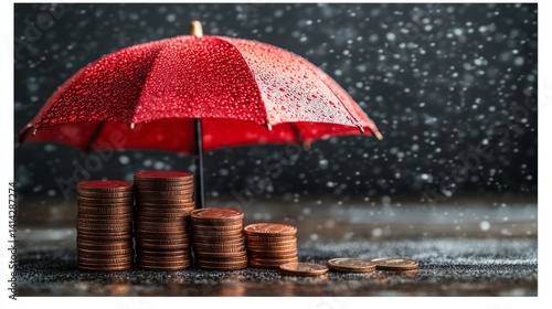Financial Protection: A striking visual metaphor for financial protection, featuring a red umbrella shielding stacks of coins from falling rain, representing wealth preservation and security.