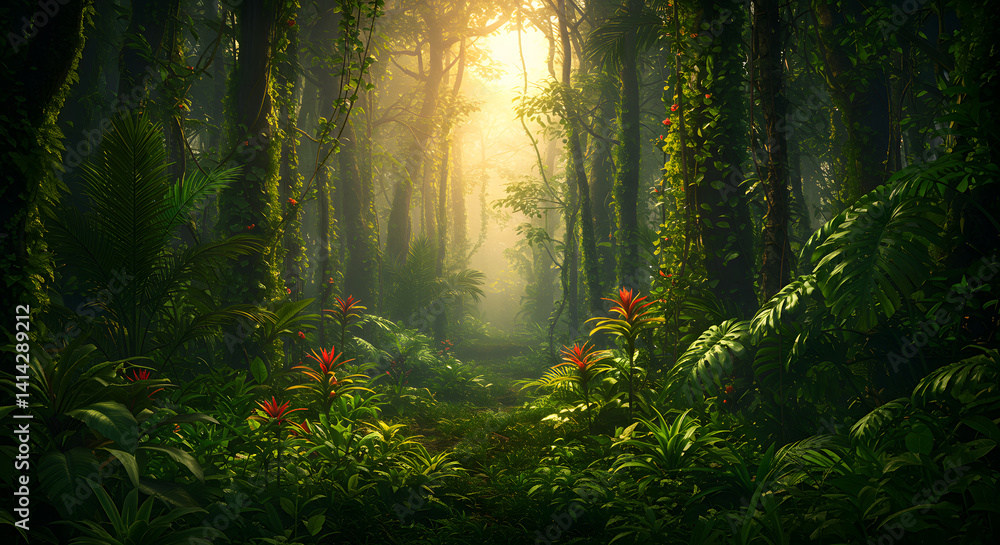 Obraz premium Lush Jungle Path with Sunlight Shining Through Trees
