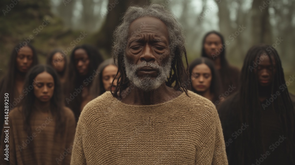 Fototapeta premium Man with weathered face stands in forest, eyes closed, as people behind him echo his solemn stillness