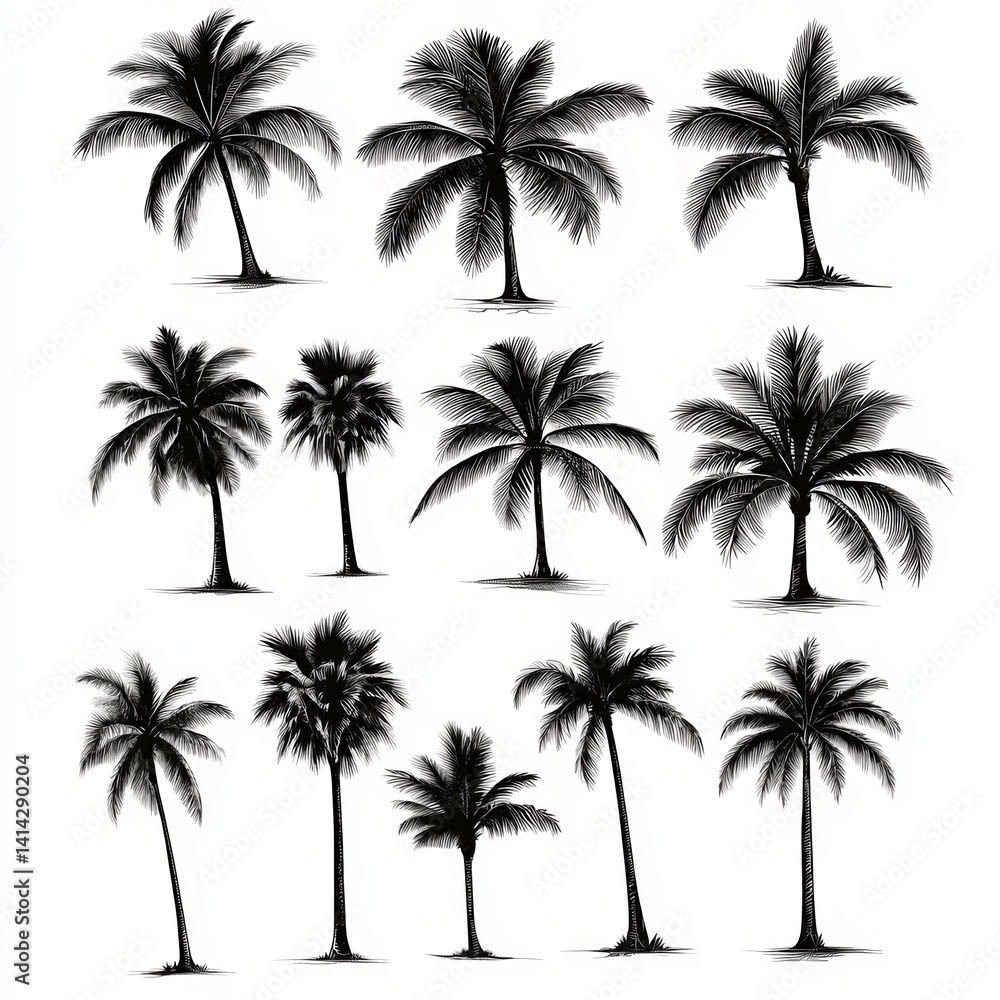 Set of Black Palm Tree Silhouettes Isolated on White Background for Tropical and Summer Design Set of Black Palm Tree Silhouettes Isolated on White Background for Tropical and Summer Design