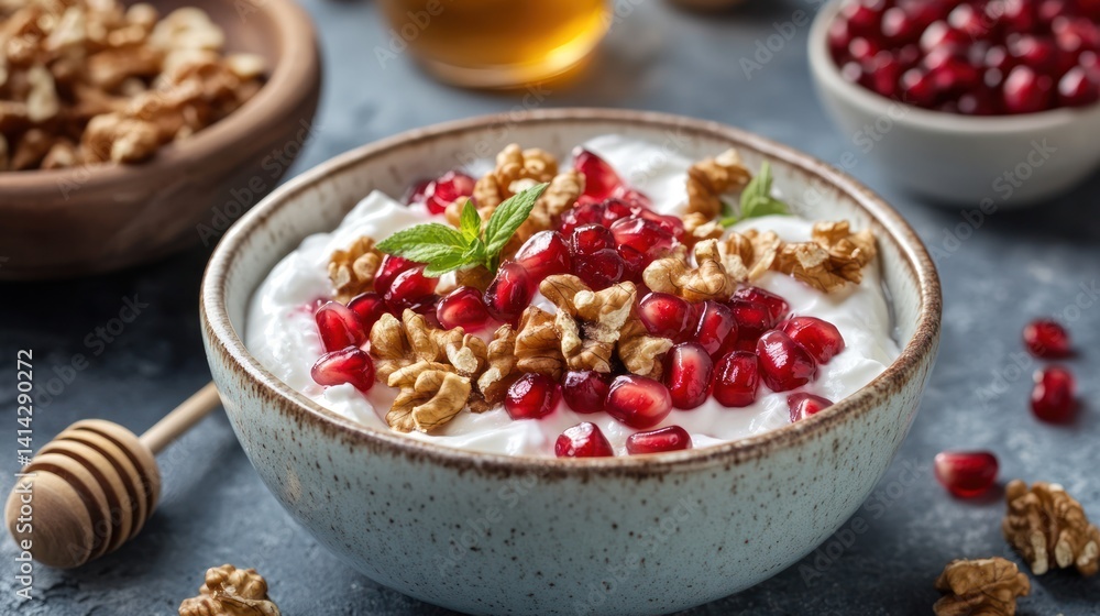 Delicious and Healthy Yogurt Bowl with Pomegranate and Walnuts Delicious and Healthy Yogurt Bowl with Pomegranate and Walnuts