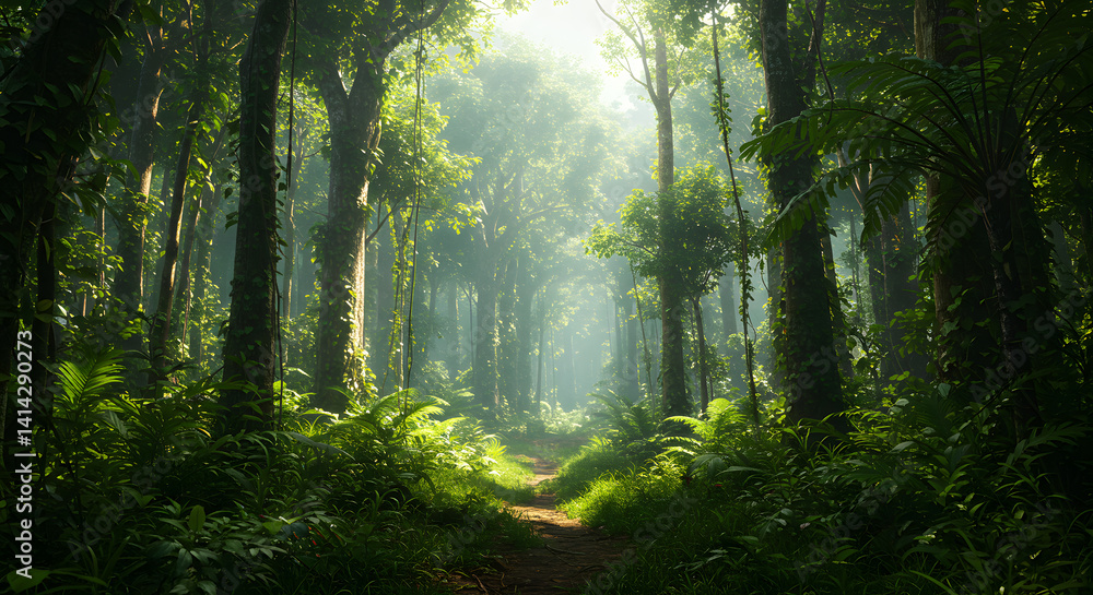 Fototapeta premium Lush Forest Trail Sunlight Shining Through Trees Nature Scene