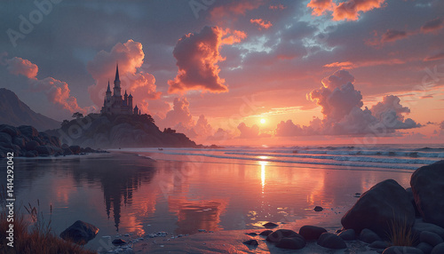 Enchanted castle at sunset reflecting in serene water  