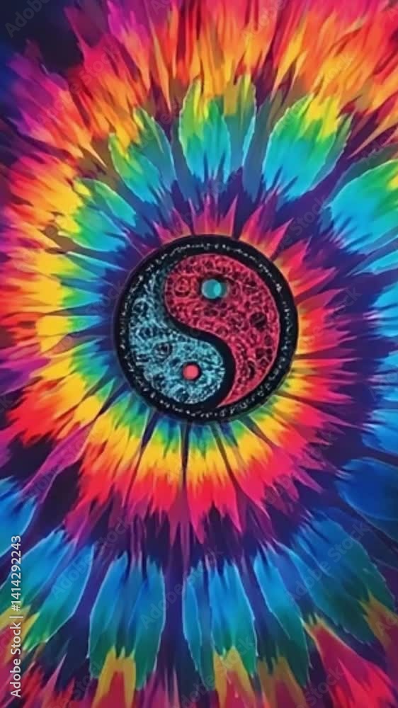 psychedelic yin yang spinning animation, colorful tie dye loop ...