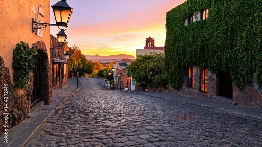 Fototapeta premium Cobblestone street, uphill, sunrise, vine-covered buildings, pedestrian scene
