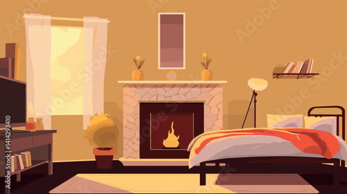 Cozy modern bedroom with fireplace and warm tones flat vector illustration