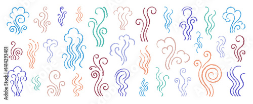 Smoke icon. Doodle smell steam line vector. Color line smoke, scent, hot air. Crayon smell or wind steam logo. Hand drawn illustration. Heat wave of coffee aroma. Fire swirl. Cooking smoke Line sketch