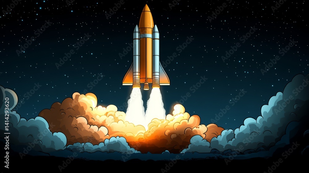 Naklejka premium Spacecraft Ascends to Stellar Heights: A dynamic illustration showcases a spacecraft as it boldly blasts off, igniting with brilliant flames and smoke.