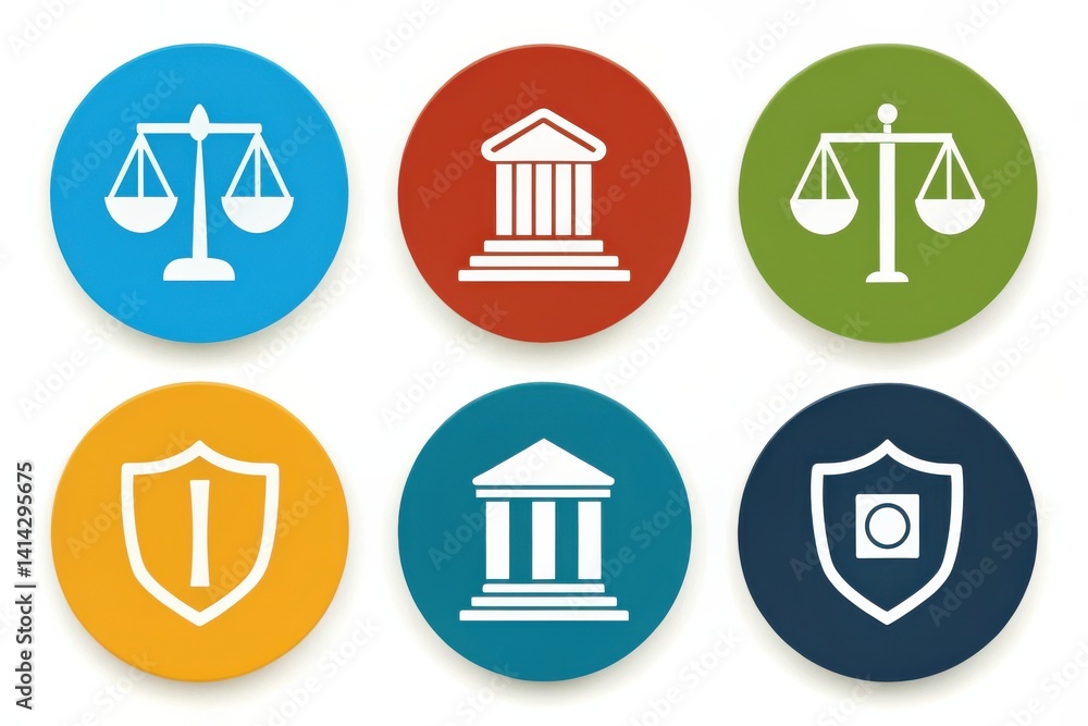 A collection of colorful icons representing law, justice, and protection themes, featuring scales, pillars, and shields in circular designs. A collection of colorful icons representing law, justice, and protection themes, featuring scales, pillars, and shields in circular designs.