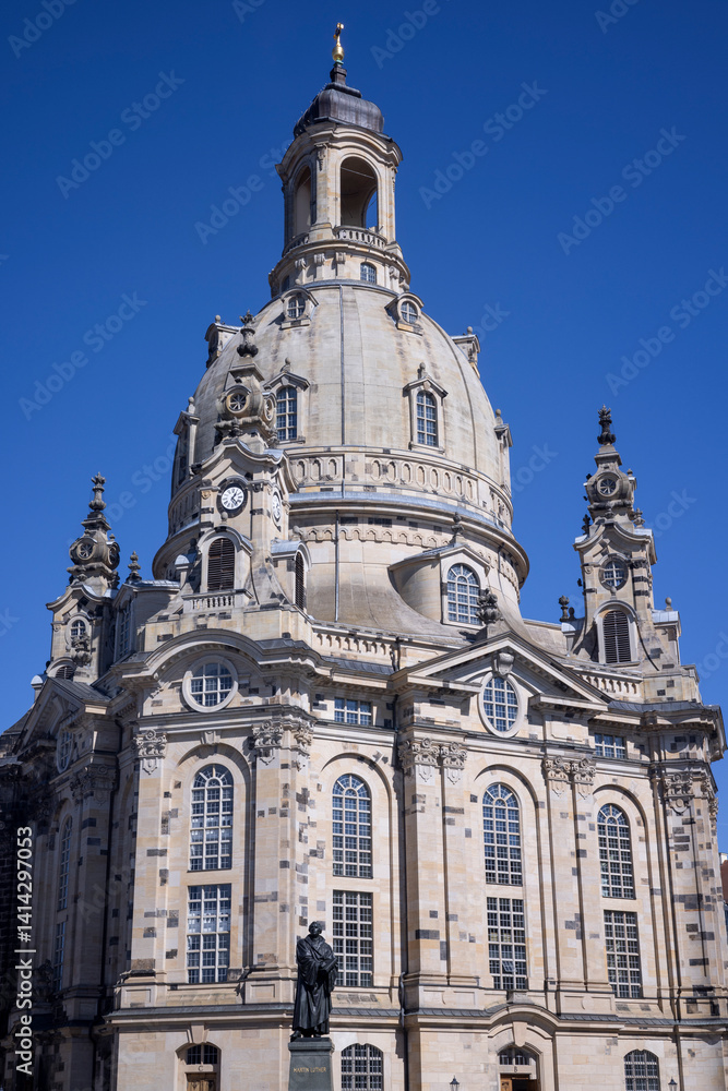 Frauenkirche Dresden with Martin Luther Statue – Stunning View of the Baroque Dome of the Church of Our Lady Against Clear Blue Sky Frauenkirche Dresden with Martin Luther Statue – Stunning View of the Baroque Dome of the Church of Our Lady Against Clear Blue Sky