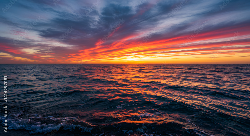 Fototapeta premium Sunset Over Ocean with Colorful Sky and Water Reflections