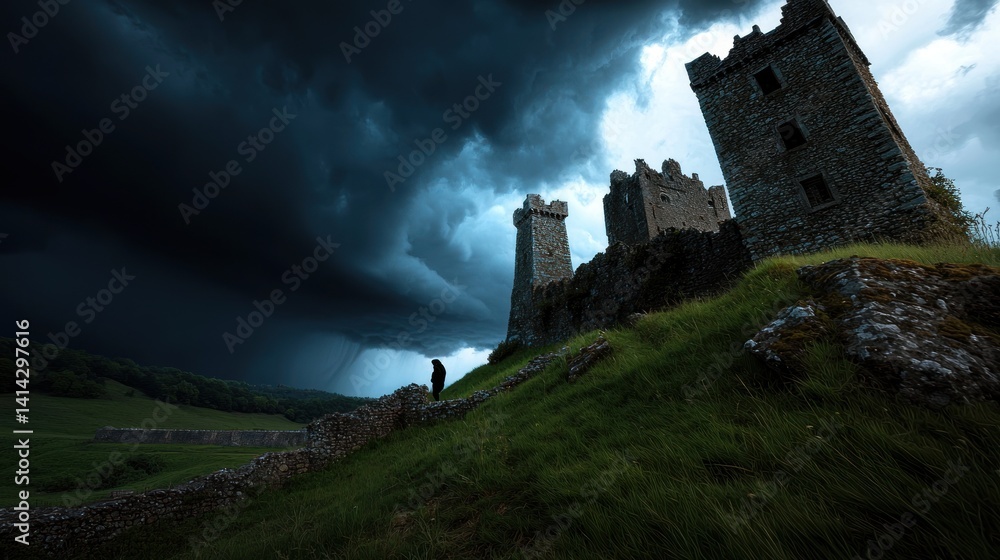 Stormy Landscape, Person at Ruins, Dramatic Clouds, Ancient Castle Stormy Landscape, Person at Ruins, Dramatic Clouds, Ancient Castle