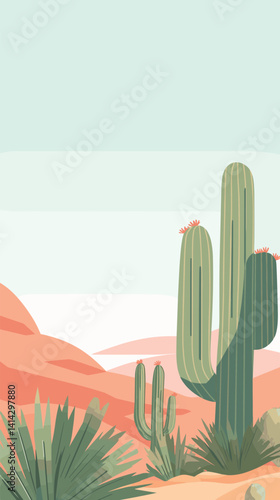Desert landscape with tall cactus and sandy hills under clear sky flat vector illustration