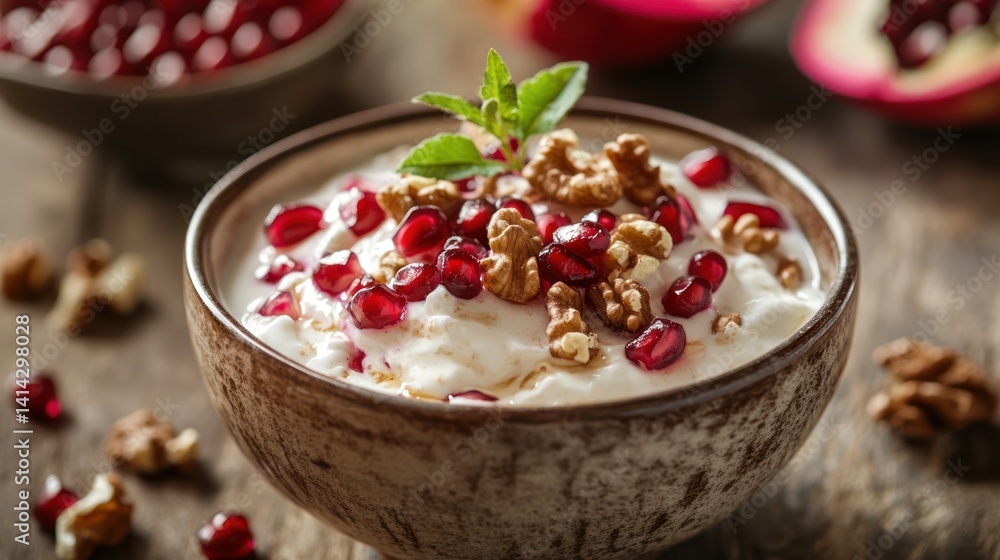 Delicious Yogurt Parfait with Pomegranate Seeds and Walnuts Delicious Yogurt Parfait with Pomegranate Seeds and Walnuts