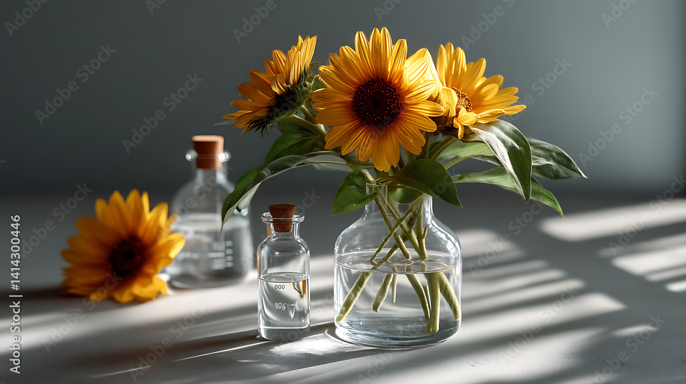 Fototapeta premium Botanical skincare innovation sunflower extract in clean cosmetic lab glassware under sunlight reflection