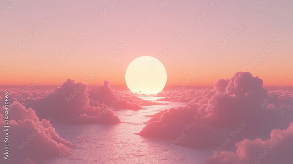 Fototapeta premium Serene Sunset Over Soft Clouds and Calm Ocean in Gentle Pastel Hues