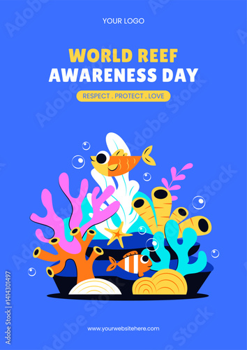 Social Media Flyer for World Reef Awareness Day with Cartoon Sea Life