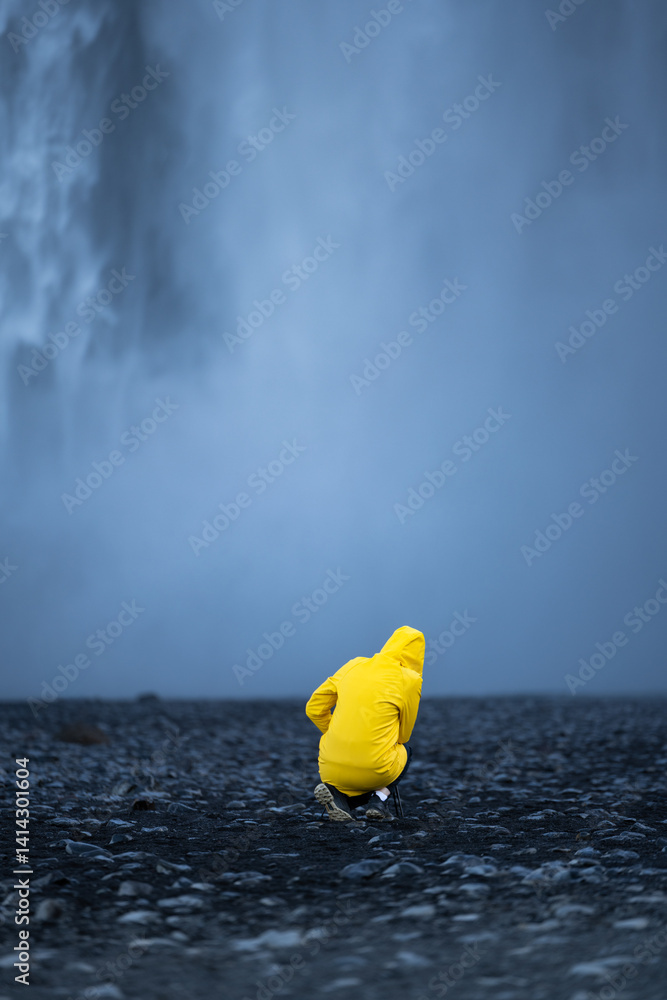 Person in yellow raincoat kneeling on black volcanic rocks in front of a dramatic waterfall, capturing the power of Icelandic nature.