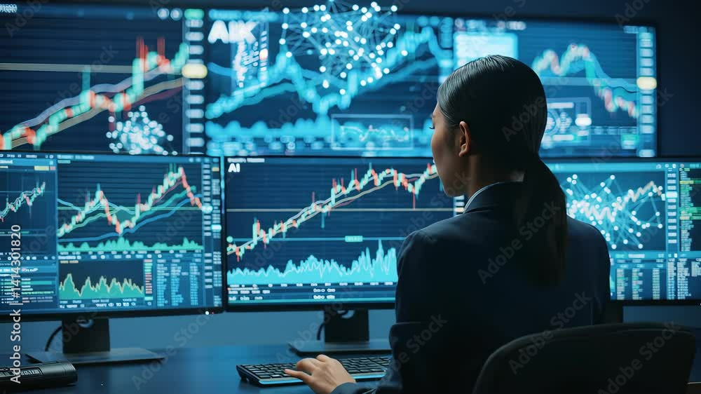 Confident Businesswoman Analyzing Financial Data on Multiple Screens in a High-Tech Office Environment
Confident Businesswoman Analyzing Financial Data on Multiple Screens in a High-Tech Office Environment