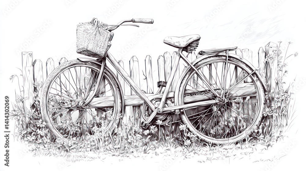 Obraz premium Vintage bicycle leaning against a white picket fence, rural scene, artistic illustration