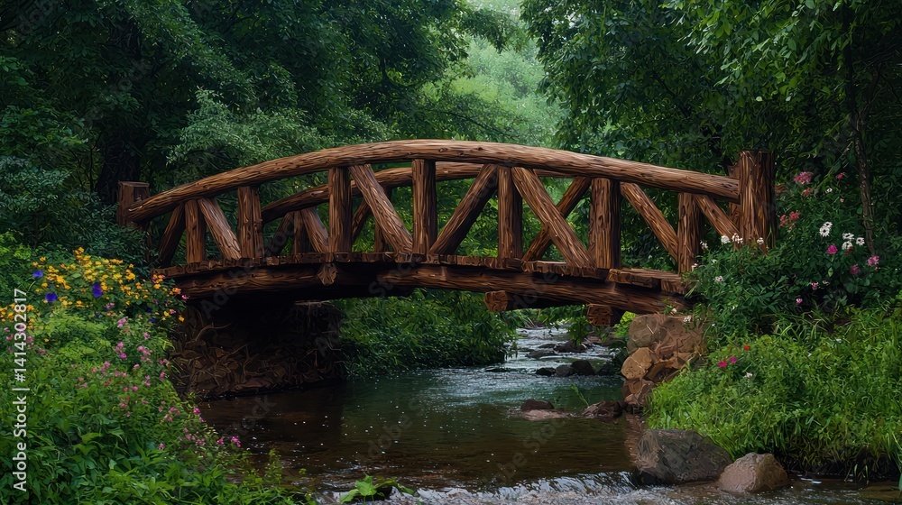Wooden arch bridge over a creek in a lush garden Wooden arch bridge over a creek in a lush garden