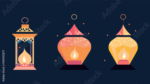 Colorful lanterns displaying geometric patterns and light flat vector illustration