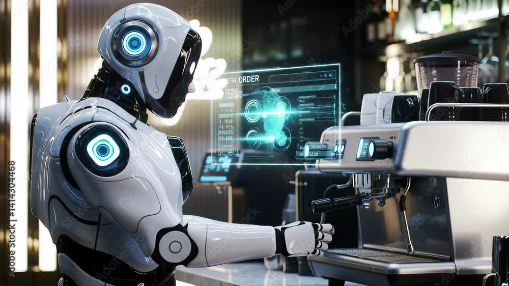 Advanced Robot Brewing Coffee in a Modern Café with Futuristic Display
Advanced Robot Brewing Coffee in a Modern Café with Futuristic Display