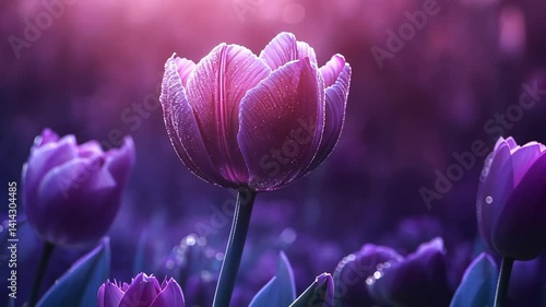 A single vibrant purple tulip stands out in a field of flowers, bathed in soft, ethereal light