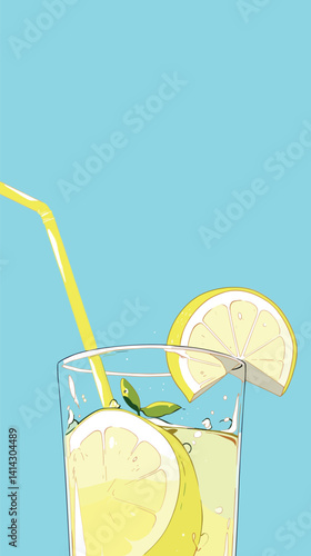 Refreshing lemonade with straw and lemon slices on blue background flat vector illustration