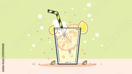 Refreshing lemonade glass with straw and citrus slices on light green background flat vector illustration
