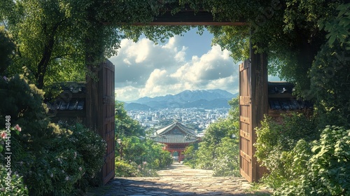 Tranquil japanese garden gateway overlooking scenic city and mountains