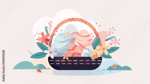 Colorful easter egg basket with flowers and leaves in a decorative arrangement flat vector illustration